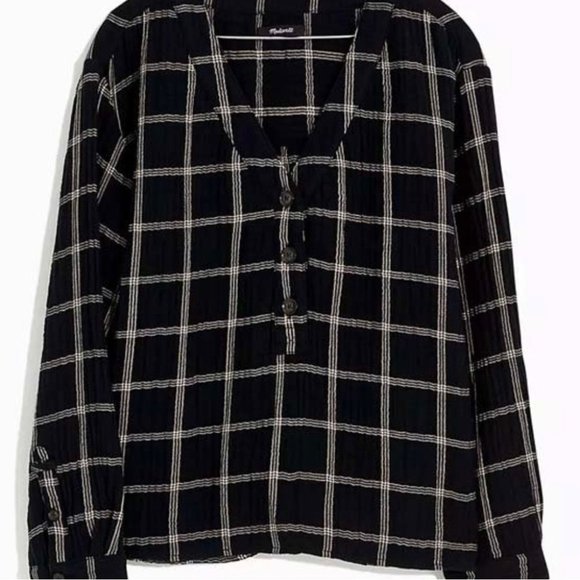 Madewell True Black Windowpane Chelston V-Neck Button Front Top Size XL NWT - Picture 3 of 11